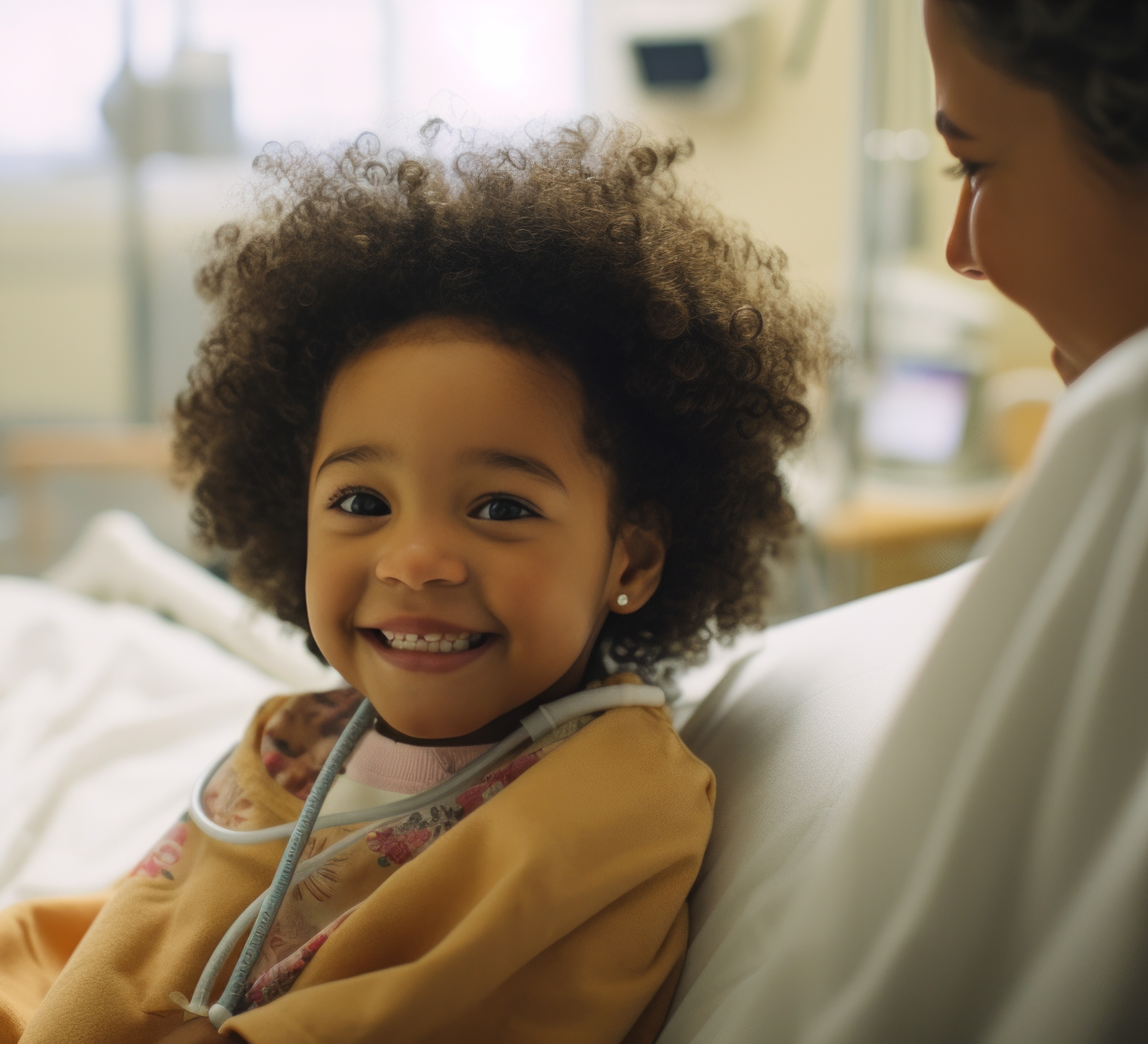 happy child sitting on mothers lap in a hospital bed